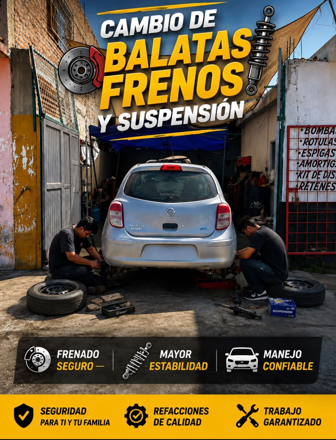 Personal del taller trabajando en los frenos y la suspensión de un automóvil